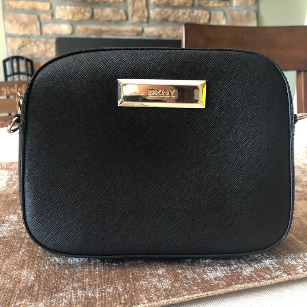 DKNY Black and Gold Structured Crossbody Bag